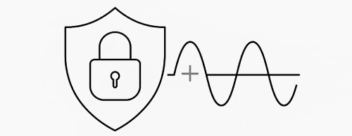 Icon of a security shield with a padlock next to a quantum waveform, representing quantum cybersecurity.