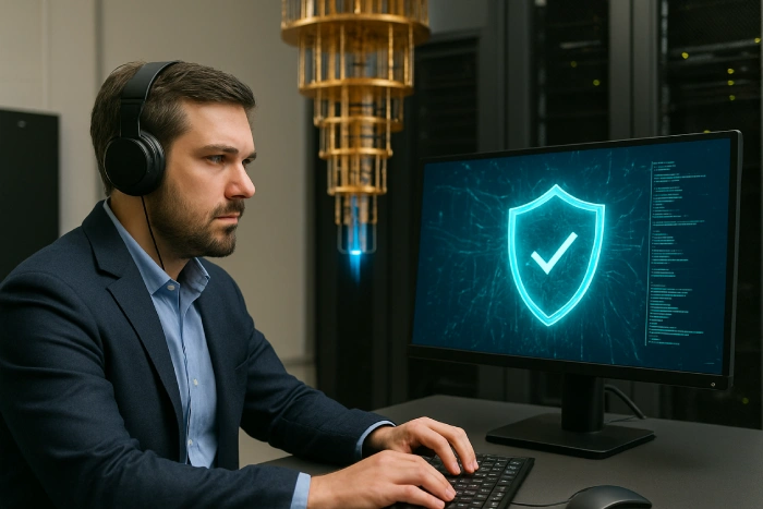 Cybersecurity specialist wearing headphones working at a computer with a security shield icon on the screen in a quantum computing lab